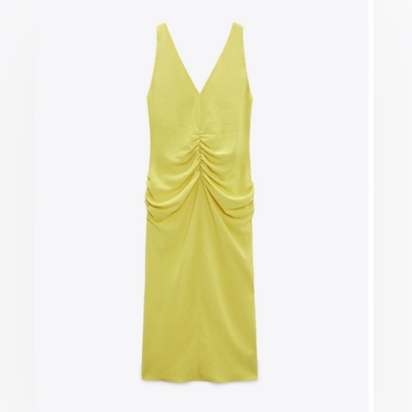 ZARA Center Ruched Lemon V-neck midi dress. Size M - Picture 3 of 10